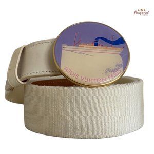 Authentic Louis Vuitton Cream Canvas Leather Boat Cruise Buckle Belt Size 95/38